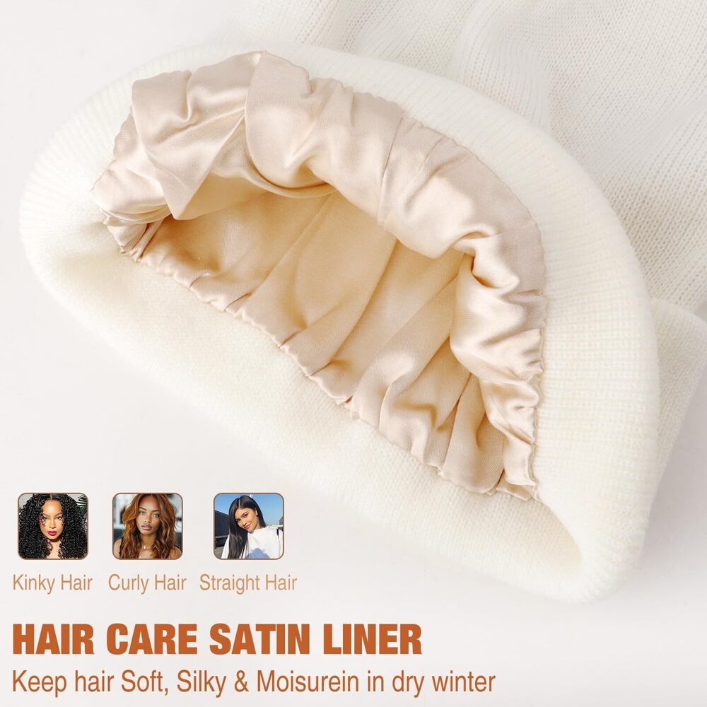 2542 Satin Lined Knit Beanies Hat Warm Silk Lined Winter Hat Soft Slouchy - Picture 3 of 7